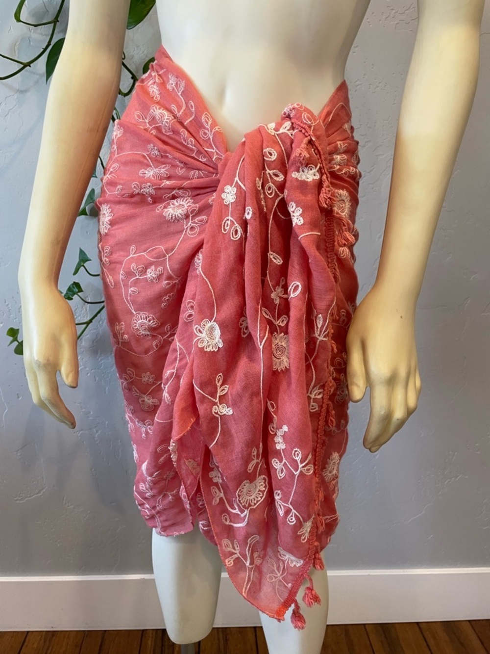New 100% cotton coral Embroidered swim coverup/wrap or Scarf - Picture 1 of 7
